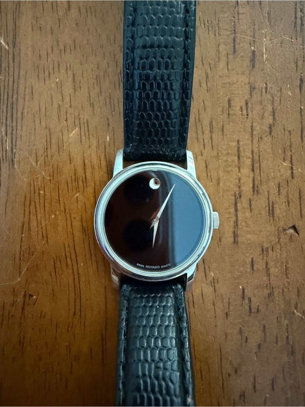 Movado Black Dial Silver Case Watch with Black Leather Strap